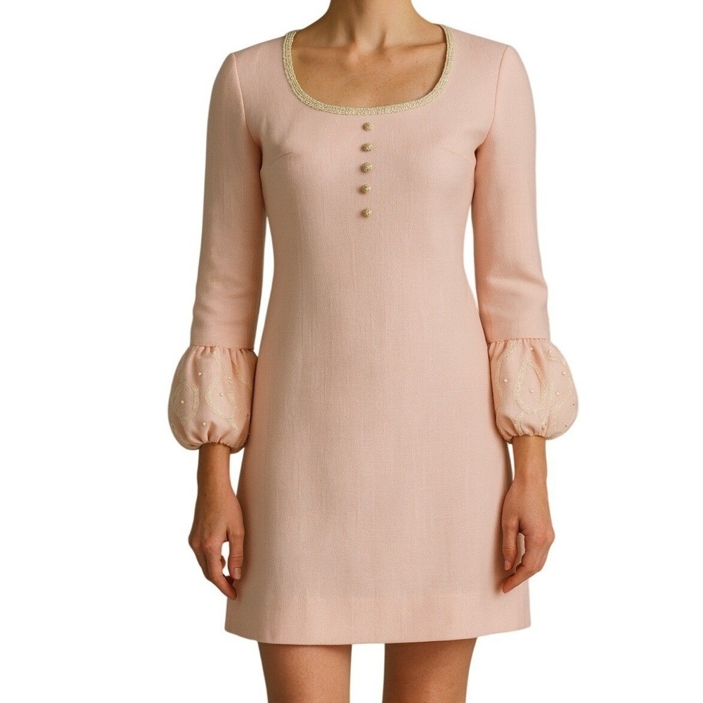 Vintage Calderon Pink Mod Mini Dress Embroidered Puff Sleeve Bead Trim 60s Glam